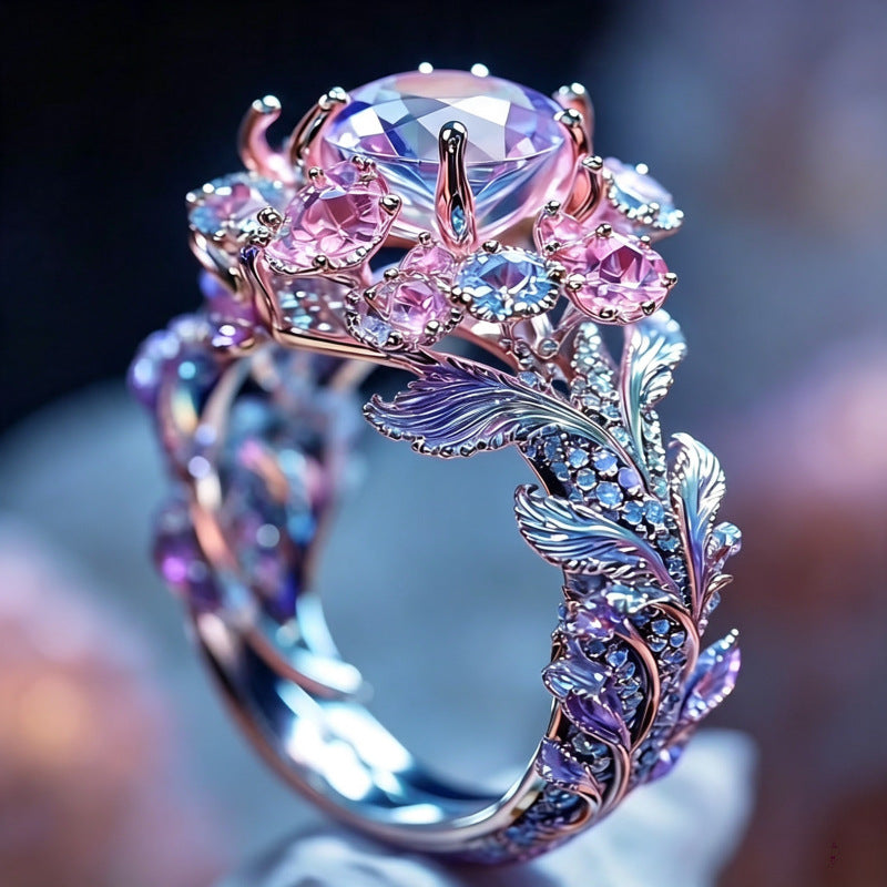 Enchanted Floral Leaf Statement Ring, Colorful Sparkling Gem Ring for Women