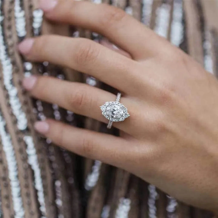 Marquise Cut Halo Diamond Engagement Ring, S925 Silver Paved Band Ring