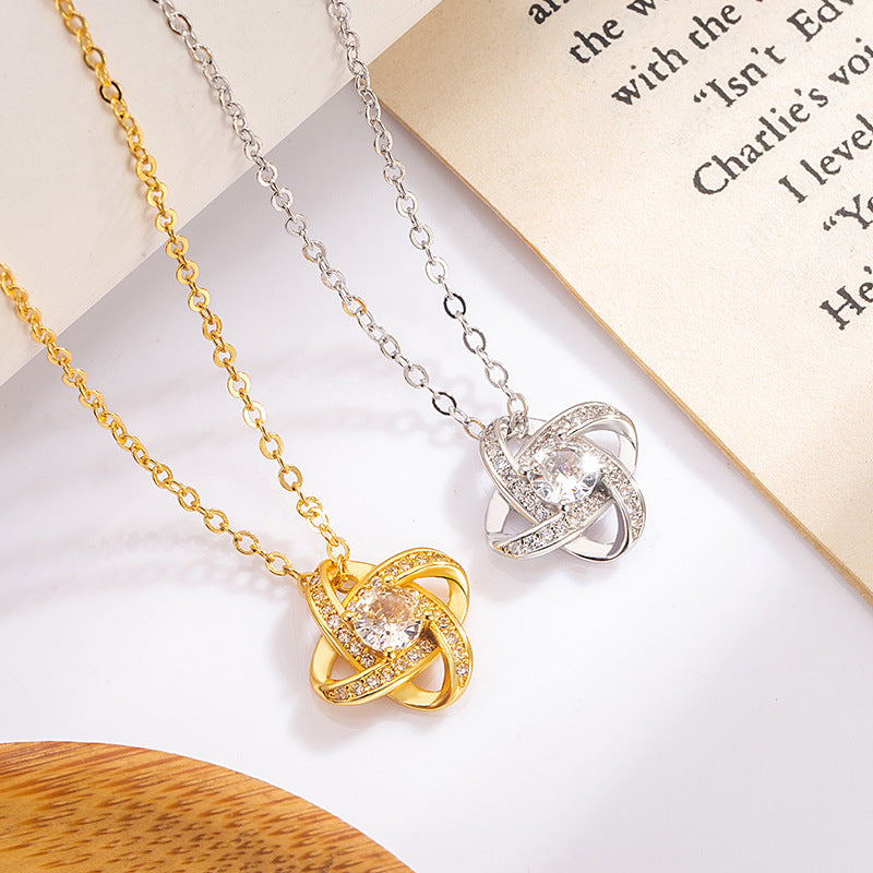 Interwoven Knot Diamond Pendant Necklace, Luxury Style Lucky Clavicle Chain Women Necklace