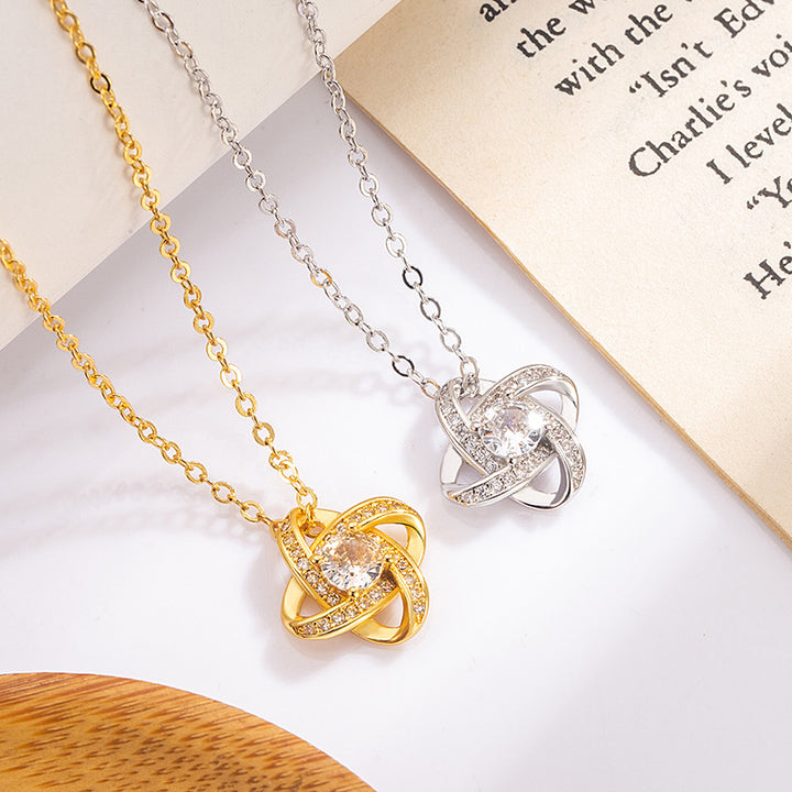 Interwoven Knot Diamond Pendant Necklace, Luxury Style Lucky Clavicle Chain Women Necklace