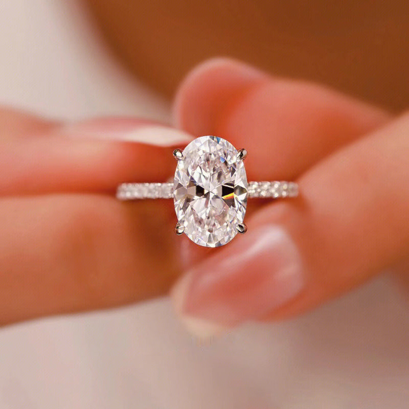 4 Prong Oval Cut Side Pave Diamond Silver Solitaire Engagement Ring