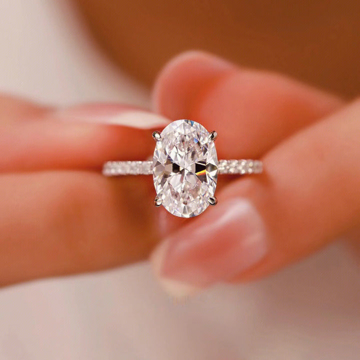 4 Prong Oval Cut Side Pave Diamond Silver Solitaire Engagement Ring
