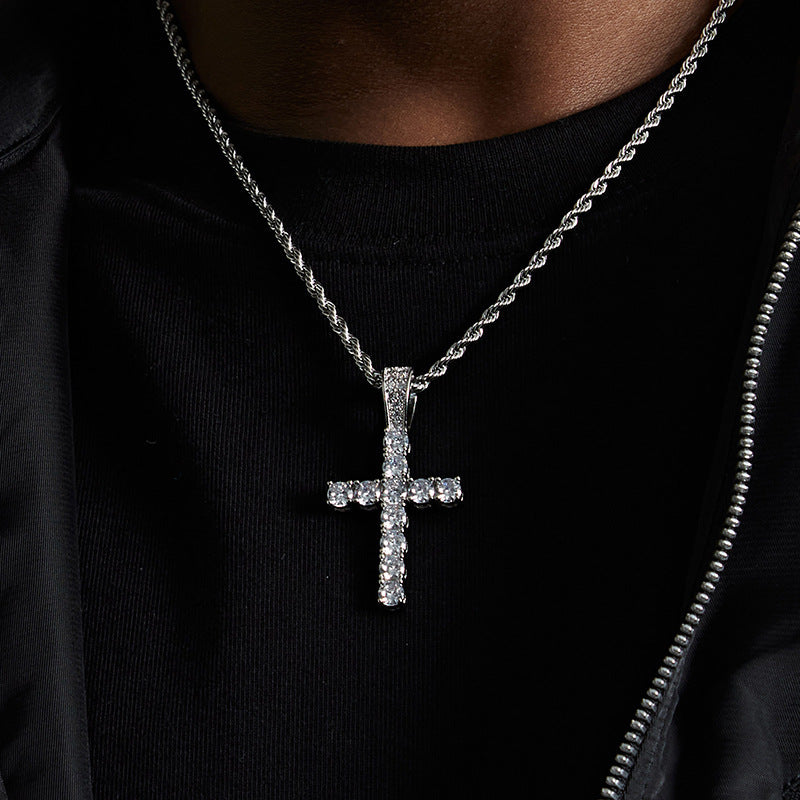 Iced‑Out Round‑Cut Diamond Cross Pendant Necklace, 2‑Tone Hip‑Hop Rope Chain Necklace