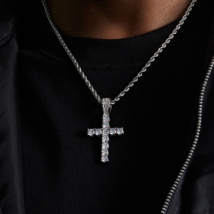 Iced‑Out Round‑Cut Diamond Cross Pendant Necklace, 2‑Tone Hip‑Hop Rope Chain Necklace