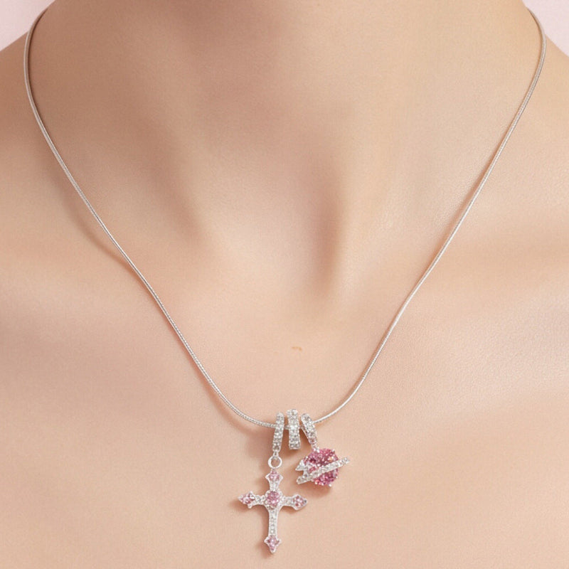 Y2K Pink Diamond Cross &amp; Heart Charm Snake Chain Necklace, Removable Multi‑Pendant Necklace