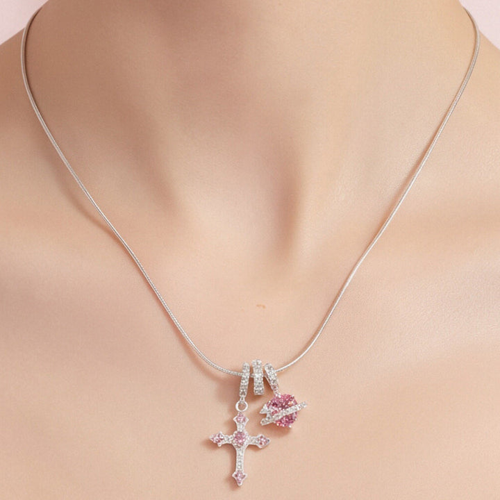 Y2K Pink Diamond Cross &amp; Heart Charm Snake Chain Necklace, Removable Multi‑Pendant Necklace