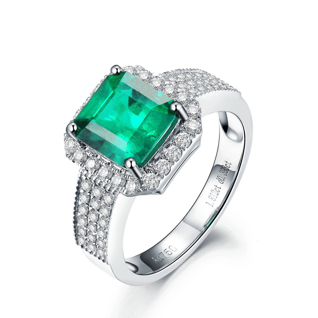 Emerald Cut Green Gemstone Halo Ring, S925 Silver Paved Diamond Statement Ring