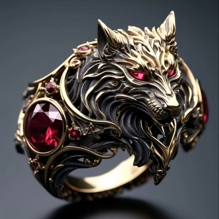 Vintage Wolf‑Head Men’s Statement Ring With Red Gemstones Gothic Wide Band Ring