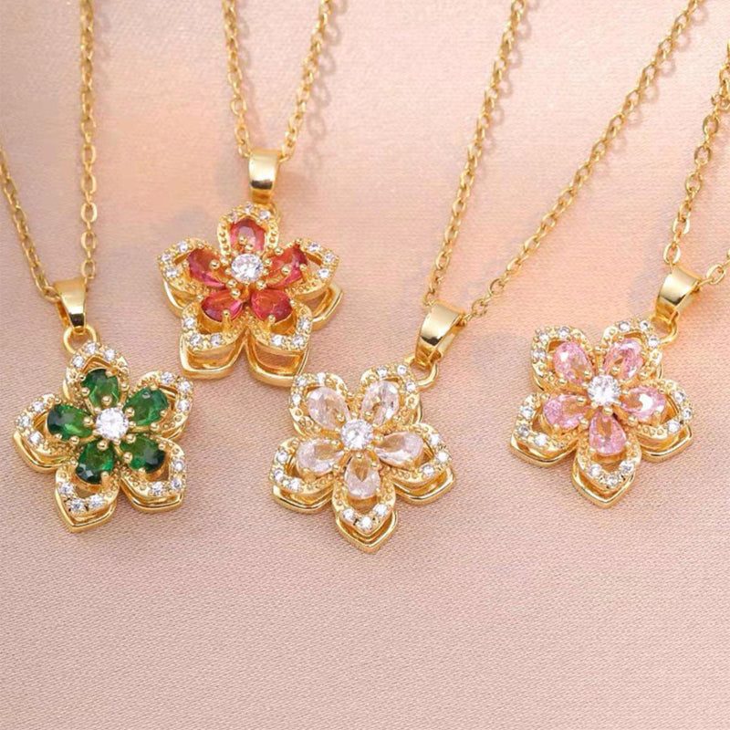Multi-Color Gem Flower Pendant Necklace, Rotating Floral Diamond Necklace Elegant Women Daily Jewelry