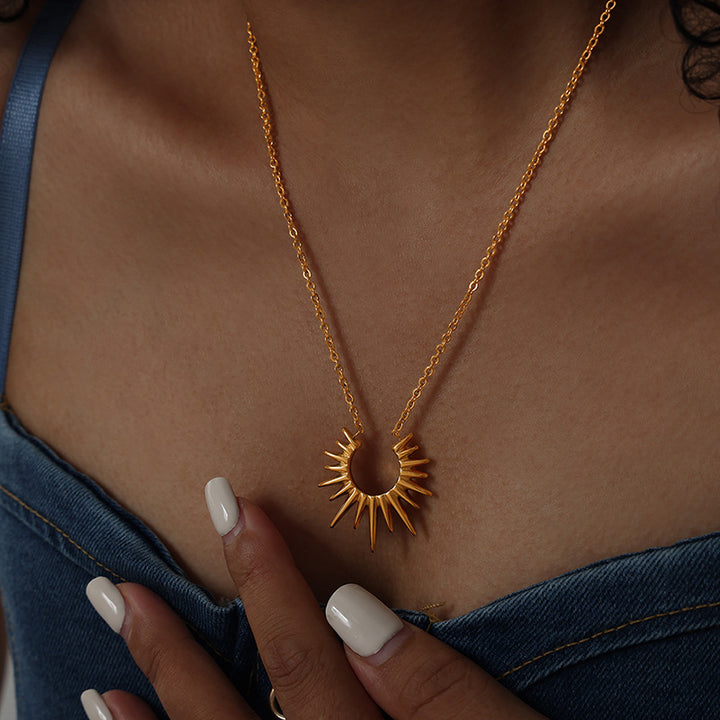 Crescent Sunburst Dainty Pendant Necklace, 18K Gold Silver Minimal Solar Collarbone Chain