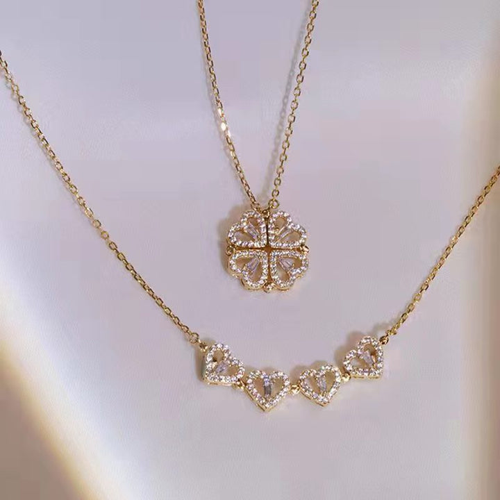 2-in-1 Convertible Clover Double Layer Heart Diamonds Necklace 2-Tone For Women