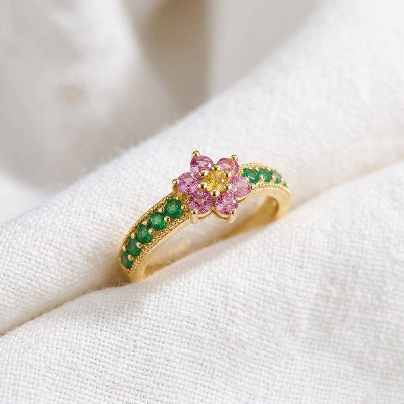 Colorful Floral Multi-Gem Adjustable Open Ring, Pink Flower Emerald Band Diamond Stackable