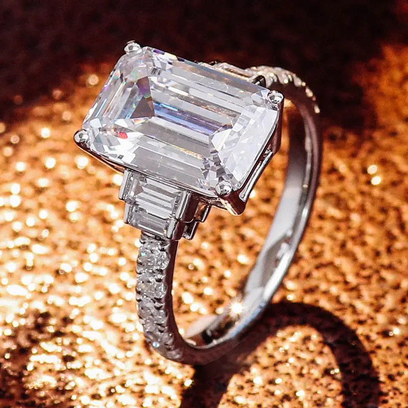 Emerald Cut Sparkling Diamond Ring, Elegant Luxury Engagement Style Jewelry for Women