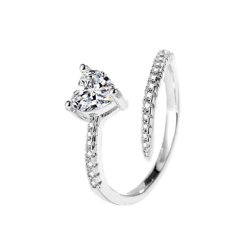 Adjustable Open Split Band Heart Diamond Silver Promise Ring, Dainty Double Pave Love Statement Ring