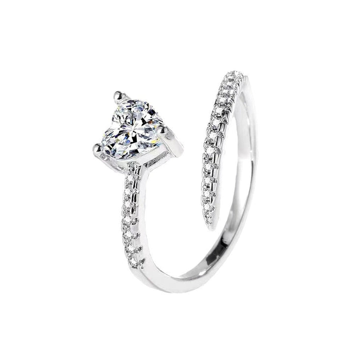 Adjustable Open Split Band Heart Diamond Silver Promise Ring, Dainty Double Pave Love Statement Ring