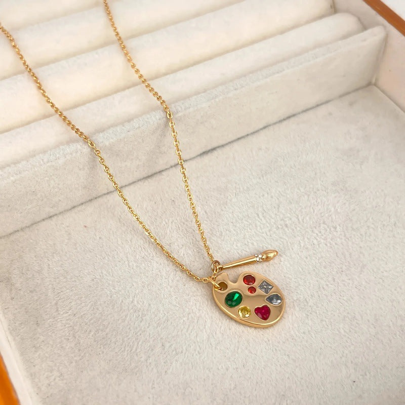 Artist Palette Paintbrush Pendant Necklace, Colorful diamonds 18K Gold Dainty Chain