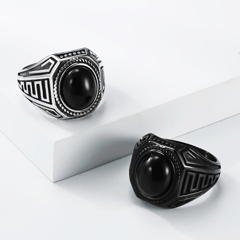 Vintage Geometric Pattern Signet Ring with Round Black Gemstone, Men’s Statement Ring