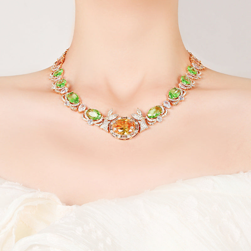 Gem Diamond Halo Gold Jewelry Set, Vintage Floral Formal Necklace & Drop Earring Kit