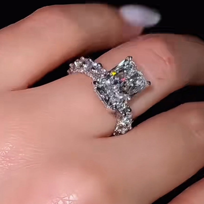 Radiant Cut Diamond‑Style Halo Ring, Full Pave Band Women Statement Promise Ring