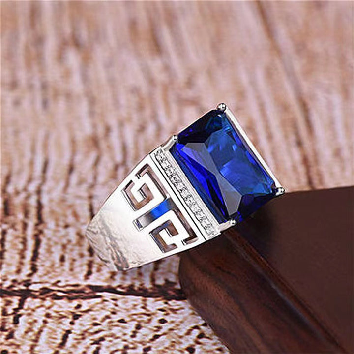 Geometric Pattern Open Statement Ring, Sophisticated Sapphire-Inlaid Ring for Men &amp; Women