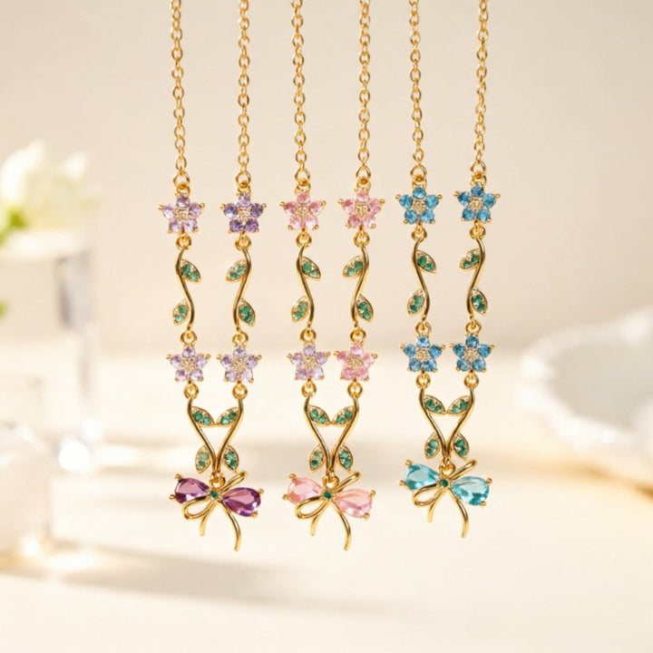 Vine Floral Bow Diamond Gold Necklace, 3 Pastel Tone Dainty Romantic Collarbone Chain