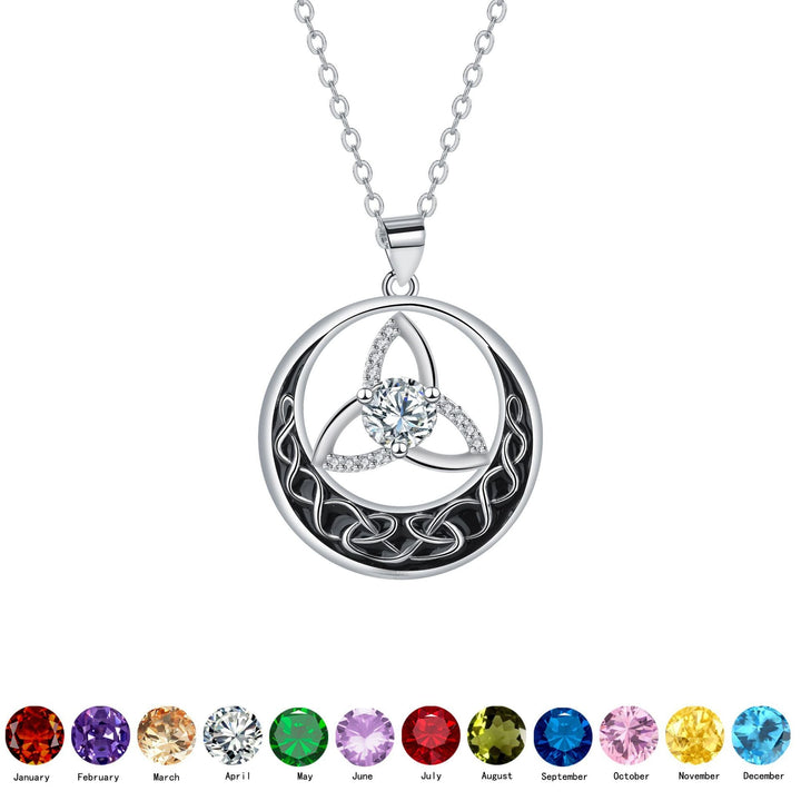 Celtic Trinity Knot Moon Pendant Necklace, S925 Silver, 12 Birthstone Color Options