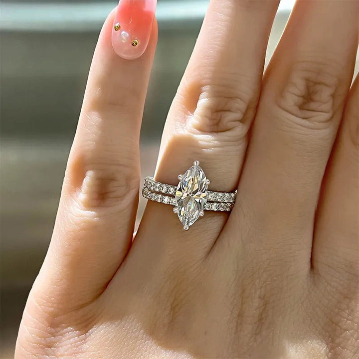 Marquise Diamond Dual Row Pave Bridal Ring Set, Silver Stackable Wedding Duo