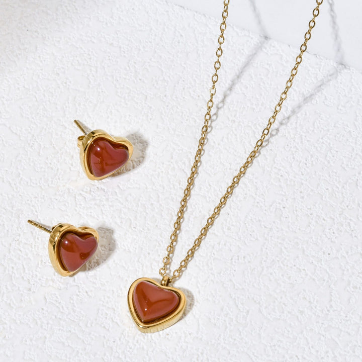 Warm Carnelian Heart Gold Jewelry Set, Dainty Romantic Matching Necklace & Stud Earrings