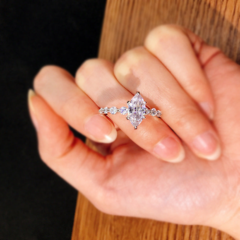 Marquise Diamond Double Row Pave Bridal Ring Set, Split-Shank Stackable Wedding Duo