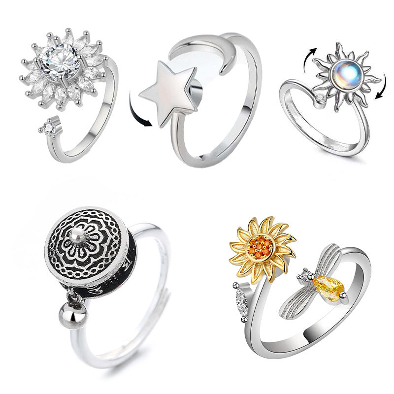 Rotatable Fidget Open Rings, Sunflower Star Moon Diamond Anxiety Relief Rings