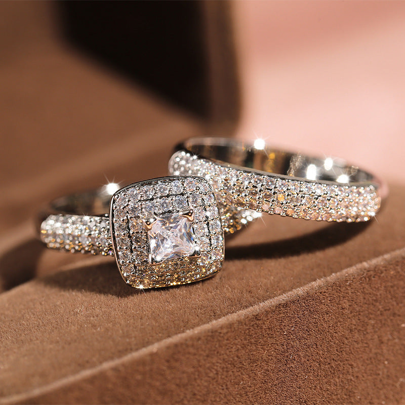 Square Double Halo Stackable Ring Set, Full Pave Eternity Matching Bridal Band Kit