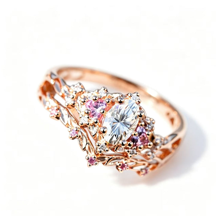 Rose Gold Floral Diamond Stackable Ring Set, Minimalist &amp; Stylish Ring