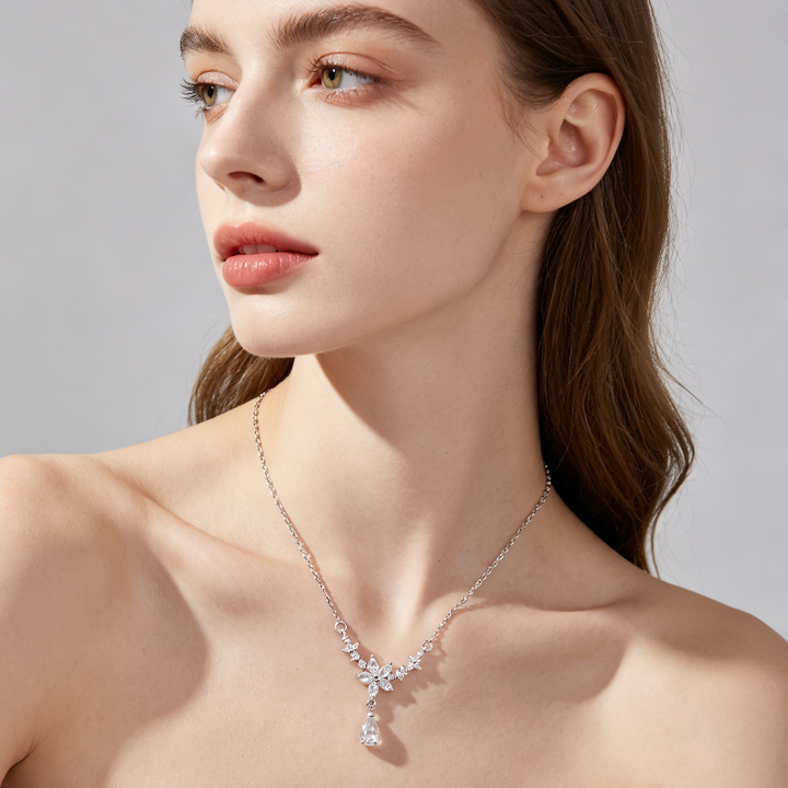 V-Shape Floral Star Teardrop Diamond Necklace, Dainty Collarbone Chain