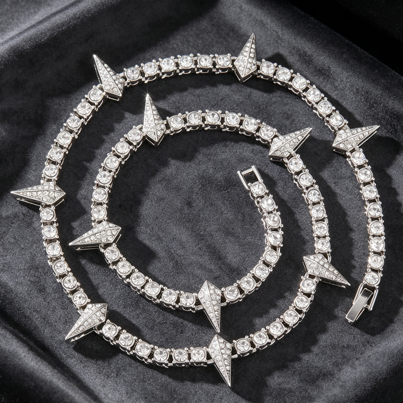Spike Triangle Stud Tennis Chain Choker, Full Pave Diamond Edgy Rock Hip Hop Statement Necklace