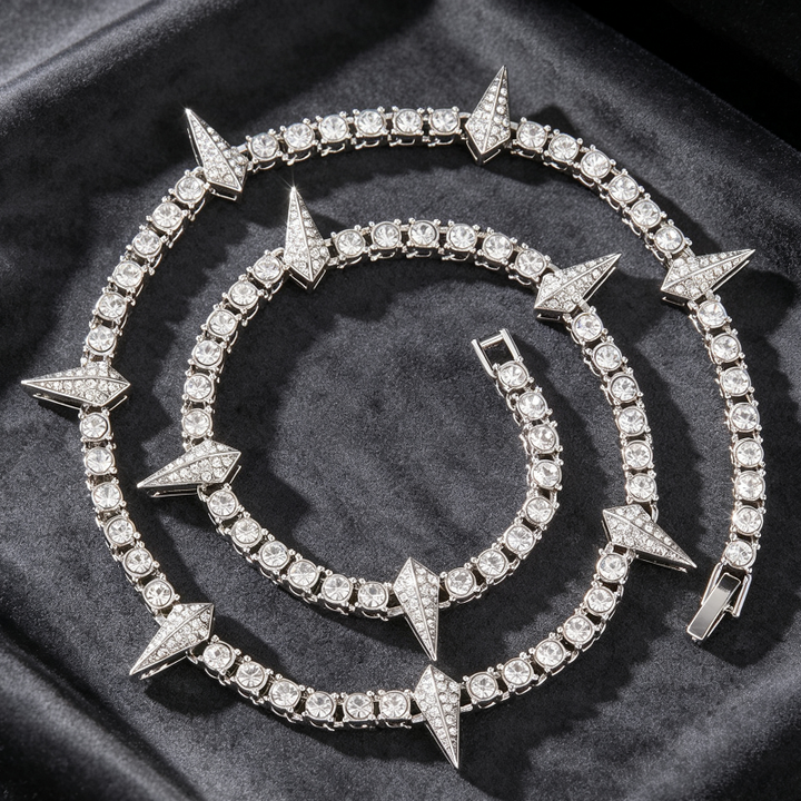 Spike Triangle Stud Tennis Chain Choker, Full Pave Diamond Edgy Rock Hip Hop Statement Necklace