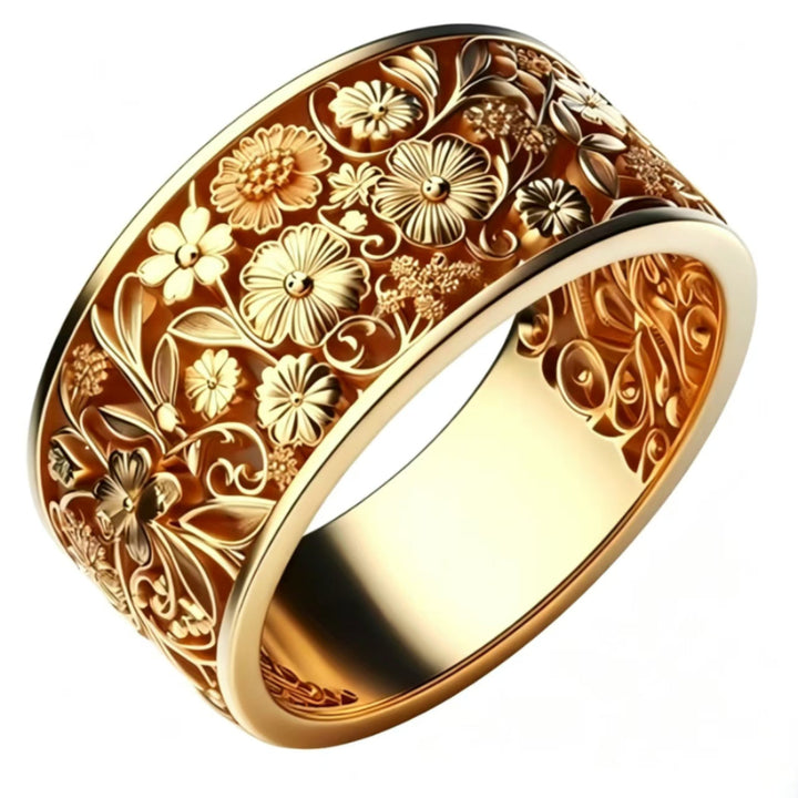 Vintage Carved Floral Wide Band Ring, Intricate Engraved Flower Ornament Statement Ring