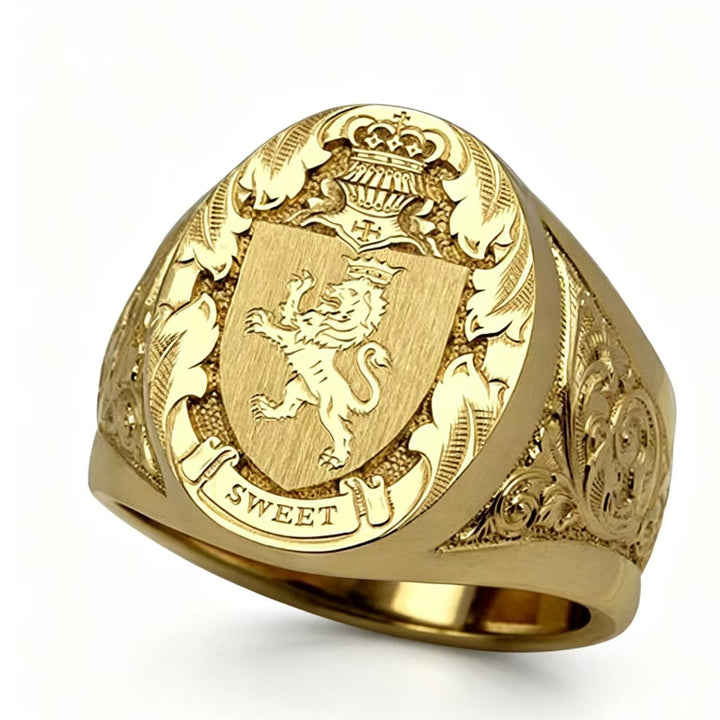 Men’s Gold‑Tone Lion Crest Heraldic Signet Ring, Bold, Stylish Men&