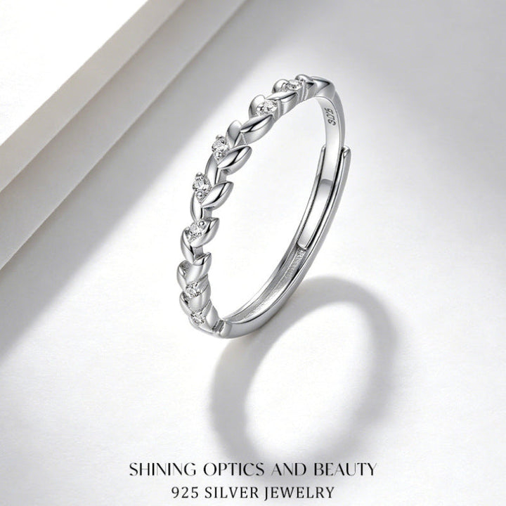 S925 Olive Leaf Stackable Ring, Adjustable Tiny diamond Band Ring for Women