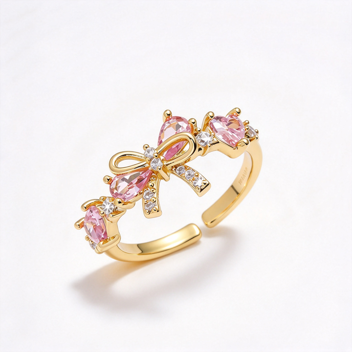 Cute Bow Open Ring, Pink Heart-Shaped Stone Bow Statement Ring for Women, 3 Color Available