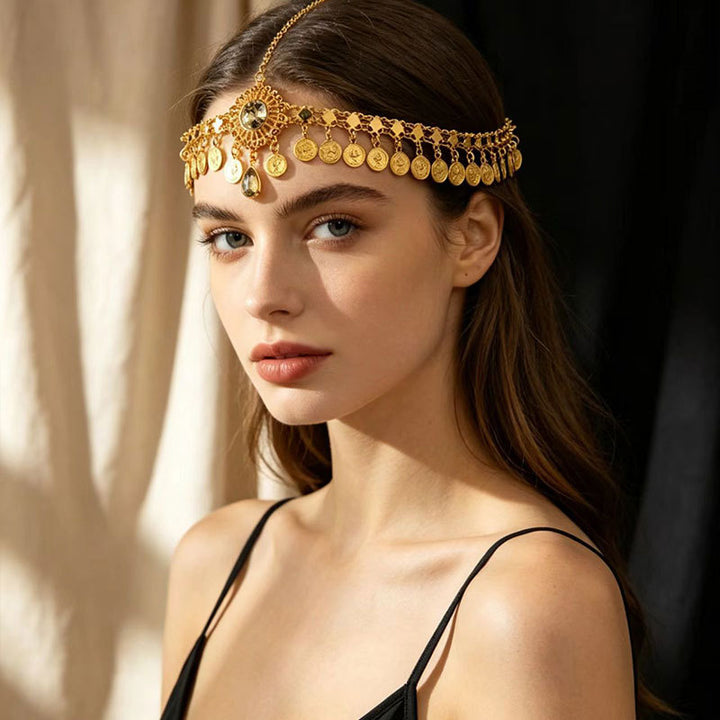 Vintage Boho Coin Gems Head Chain, Retro Tassel Forehead Headpiece for Women