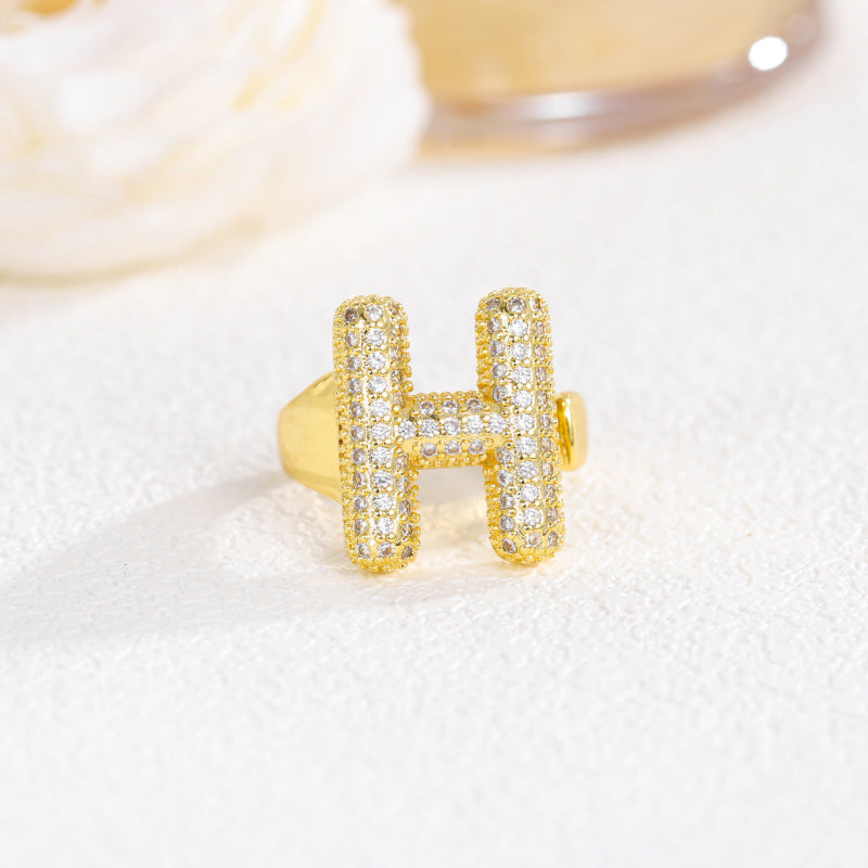 Adjustable Open Iced‑Out Initial Letter Diamond Ring, 26‑Alphabet Statement Unique Style Ring