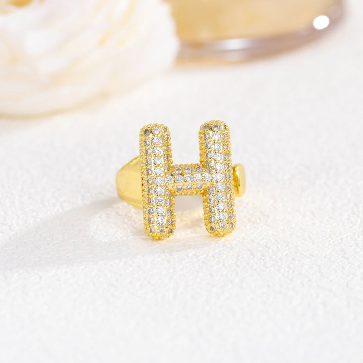 Adjustable Open Iced‑Out Initial Letter Diamond Ring, 26‑Alphabet Statement Unique Style Ring
