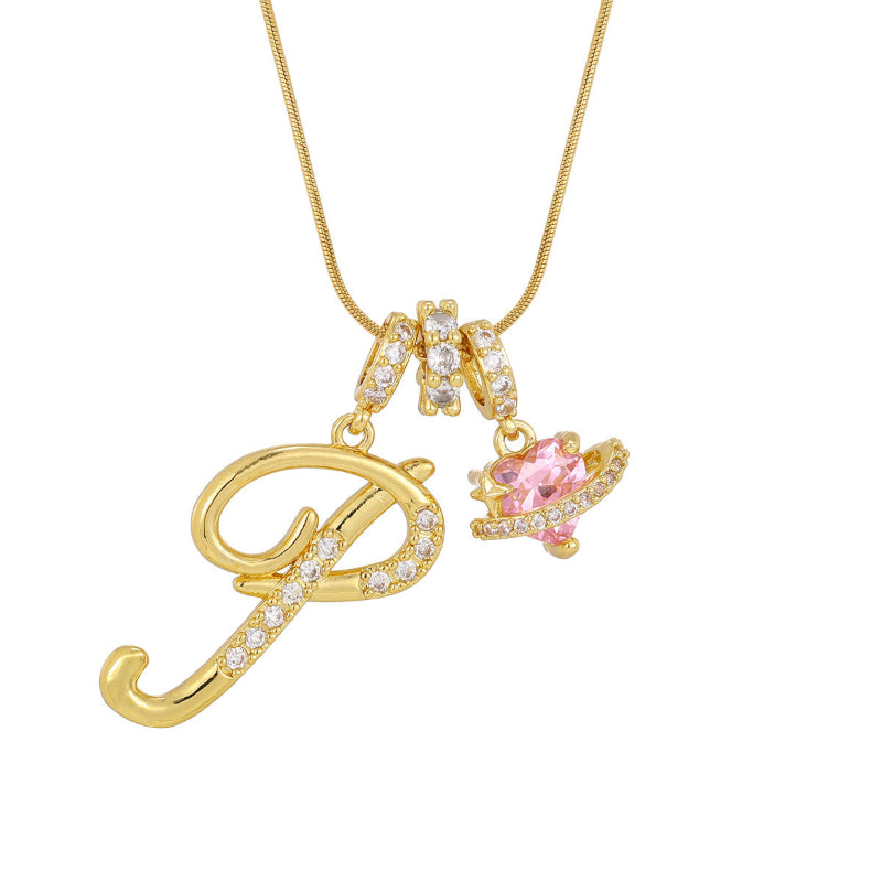 26 Letters Cursive Initial Pink Heart Planet Charm Gold Snake Chain Necklace