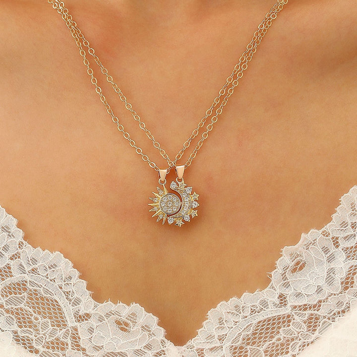 Magnetic Interlocking Sun Moon Star Couple Matching Pendant Necklace, His & Her Split Pair Spiritual Necklace