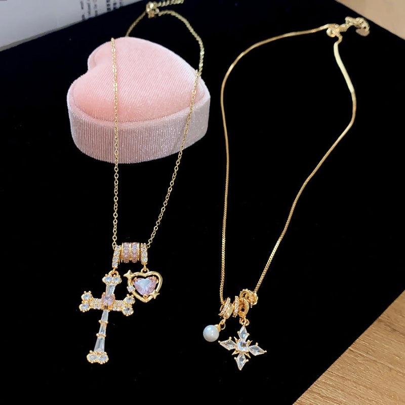 Vintage Gold‑Toned Multi‑Charm Diamond Pendant Necklace, Dainty Layering Statement Necklace Set