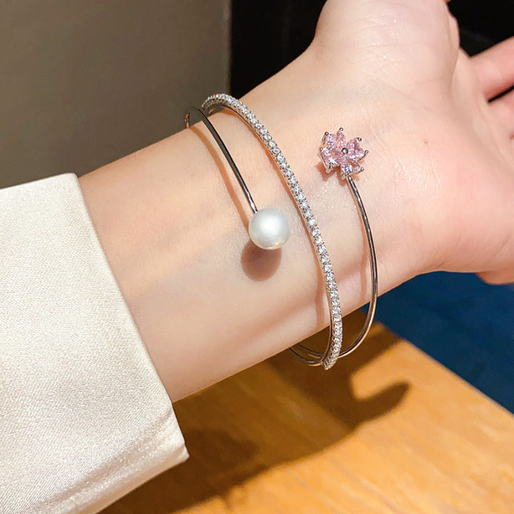 Pink Flower Diamond & Pearl Double Layer Open Cuff Bangle, Elegant Stackable Wrist Bracelet for Women