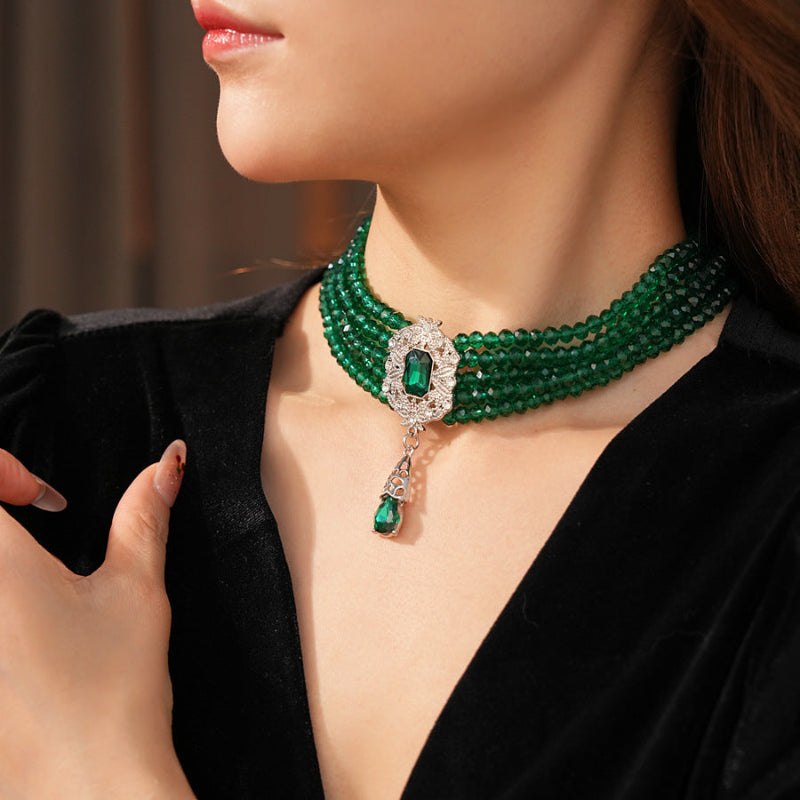 Multi‑Layer Gemstone Choker Jewelry Set, Luxury Teardrop Pendant Earrings and Necklace Set