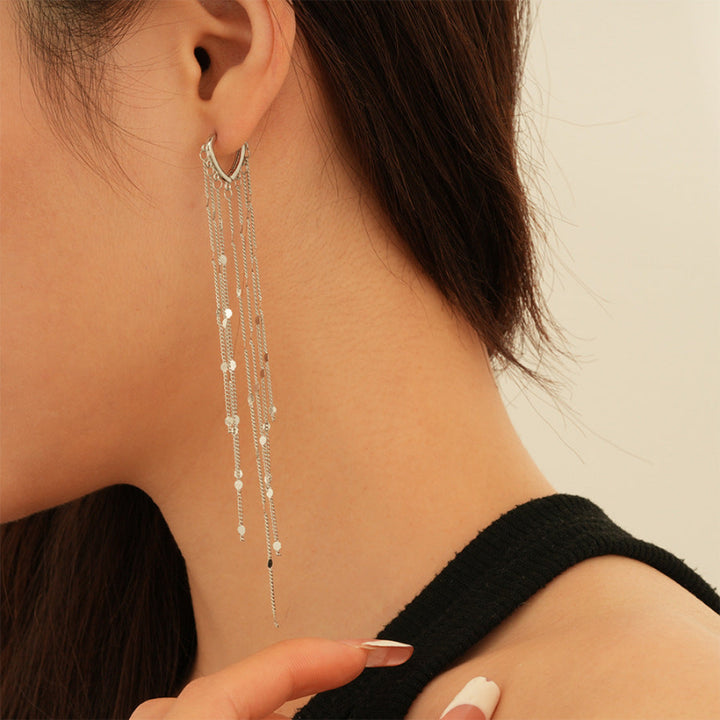 Teardrop Hoop Sequins Tassel Drop Earrings, Long Dangle Shimmer Party Stackable Statement Ear Jewelry