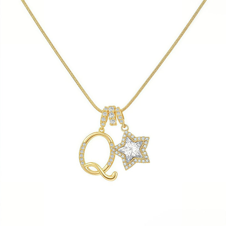 Cursive Initial Letter Diamond Star Pendant Necklace, 26‑Alphabet Snake Chain Necklace