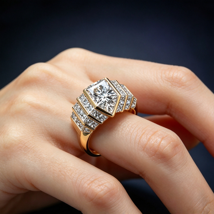 Bold Geometric Cluster Statement Ring, Modern Princess Cut Cocktail Ring for Men and Women
